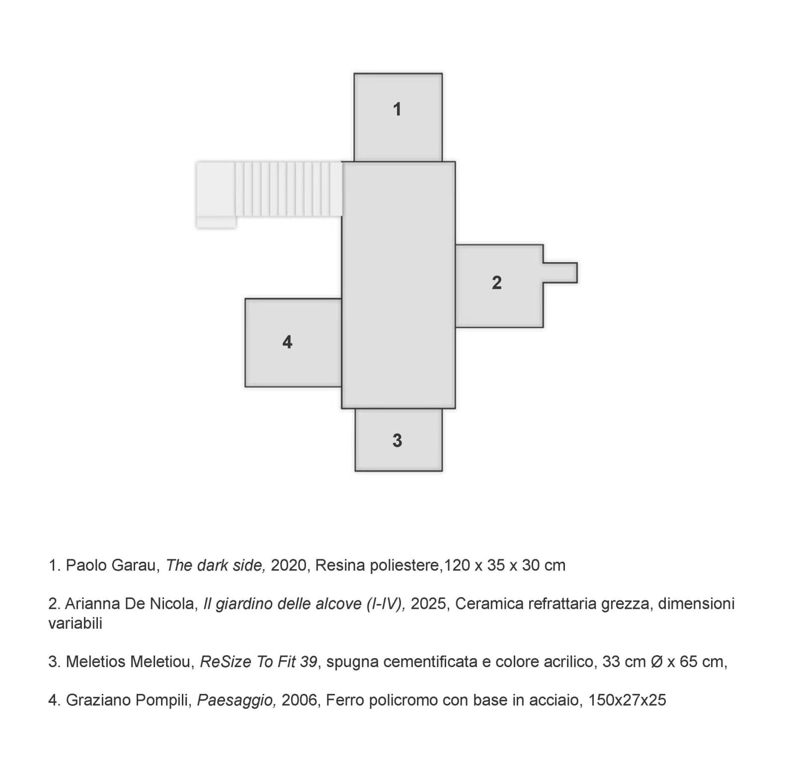 Pianta della grotta di Studio Specus: le quattro nicchie numerate con la legenda delle opere — 1. Garau, 2. De Nicola, 3. Meletiou, 4. Pompili.